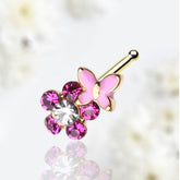 20G Gold Pink Butterfly Flower Nose Stud. Nose Piercing. Nose Jewelry